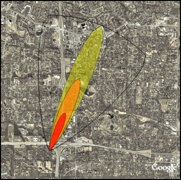 An ALOHA threat zone estimate displayed on a Google Earth map.