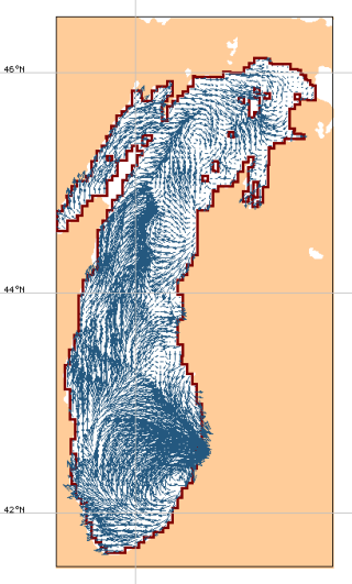 Currents shown as many tiny arrows on a map of Lake Michigan.