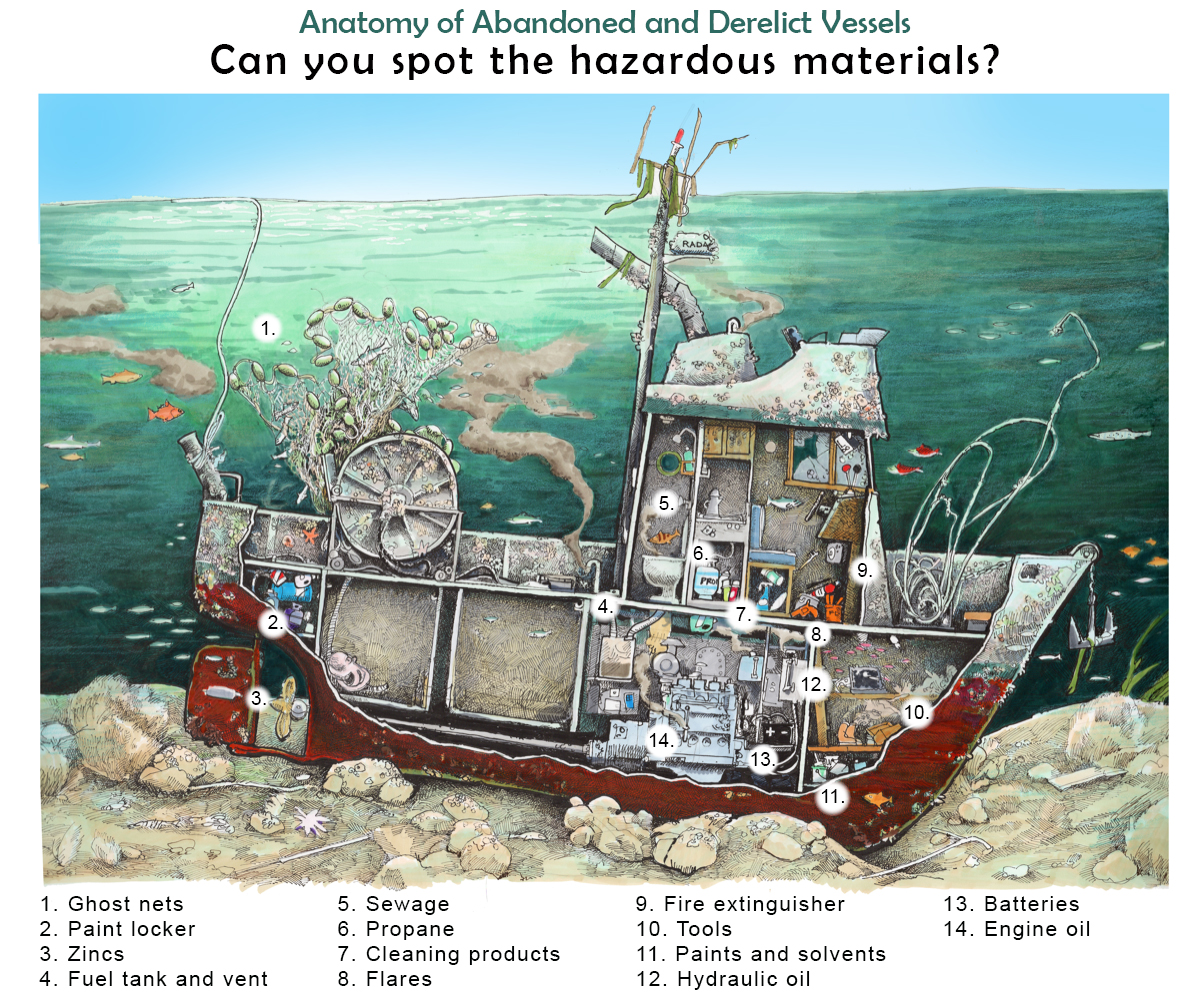 An illustration of a sunken vessel with a cutaway showing various items inside the vessel. The illustration is labeled "Anatomy of Abandoned and Derelict Vessels: Can you spot the hazardous materials?" with a numbered list corresponding to the illustration. The items include: 1. Ghost nets, 2. paint locker, 3. zincs, 4. fuel tank and vent, 5. sewage, 6. propane, 7. cleaning products, 8. flares, 9. fire extinguisher, 10. tools, 11. paints and solvents, 12. hydraulic fluid, 13. batteries, 14. engine oil.