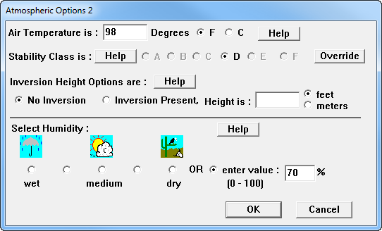 On the second Atmospheric Options dialog box, Susan sees the stability class and enters information about air temperature, inversion height, and humidity.
