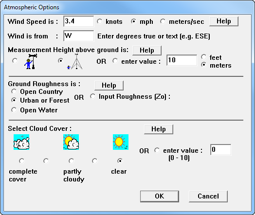 Susan enters the information about the wind, ground roughness, and cloud cover on the first Atmospheric Options dialog box.