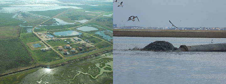 Left: Aerial view of Malone Services Company waste site. Right: Birds swoop over a pipeline releasing mud into a marsh.