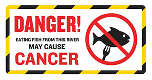 Warning sign reading: Danger: Eating fish from this river may cause cancer.