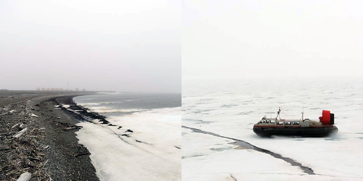 Left, peaty shoreline on Beaufort Sea. Right, hovercraft vessel transporting people across sea ice.