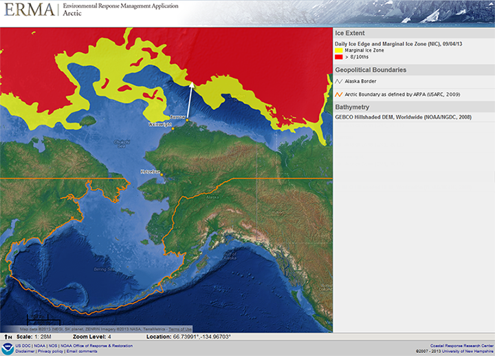 This view of the online mapping program Arctic ERMA shows the approximate path of the Coast Guard Cutter Healy from Barrow, Alaska, to the edge of the sea ice, indicated on the map in yellow. Red shows higher concentrations of sea ice.