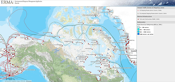 U.S. and circumpolar shipping routes through the Arctic, as viewed in NOAA's online mapping tool, Arctic ERMA.
