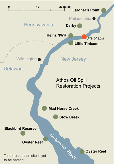 Map of Athos oil spill restoration projects on the Delaware River.