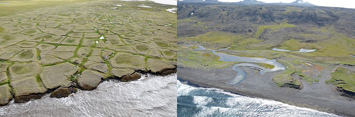 Left, coastline of Alaska's NOrth Slope and right, coastline of St. Lawrence Island in the Bering Sea.