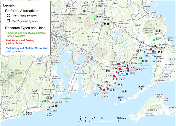 A map of the preferred restoration projects in Massachusetts and Rhode Island for the Bouchard Barge 120 spill, as identified in the second draft restoration plan.