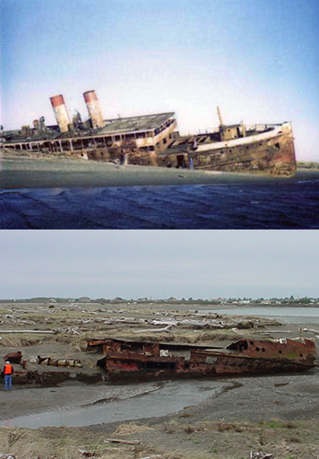 A wrecked and rusted ship on a beach in 1976 and later in 2006.
