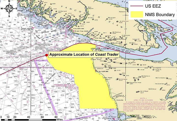 Nautical chart showing approximate location of Coast Trader wreck between Washington state and Vancouver Island.