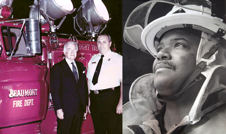 Left, Walter Cronkite poses with a man and truck from the Beaumont, Texas, fire department. Right, close up of Derwin Daniels in firefighter gear.