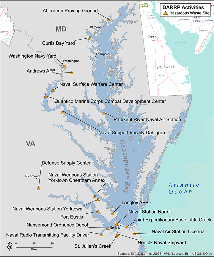 Map of hazardous waste sites on federal properties in the Chesapeake Bay area.