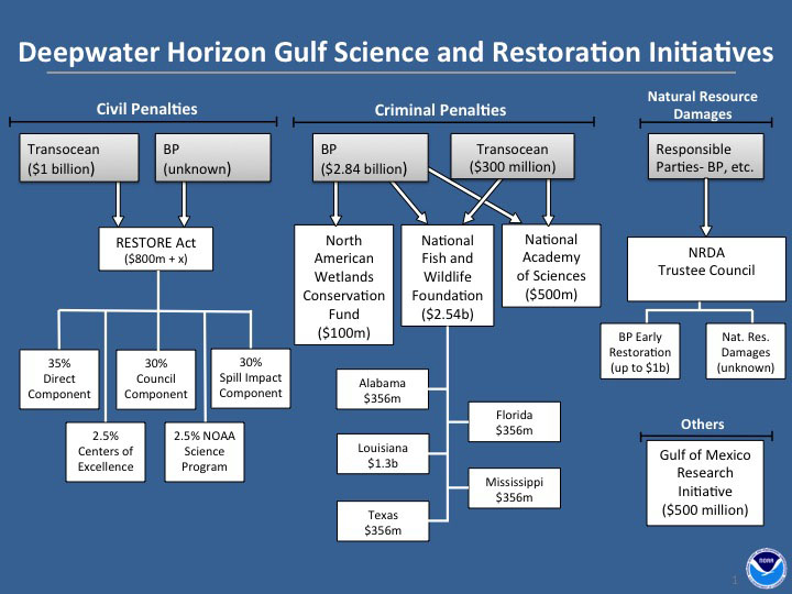 Chart showing various investments and their recipients for science and restoration efforts in the Gulf of Mexico after the Deepwater Horizon oil spill.