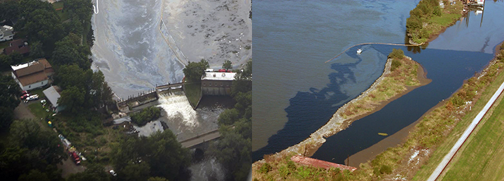 Left: Oil passing through a dam on a river. Right: Thick dark oil floating between edges of a riverbank with a boat and boom.
