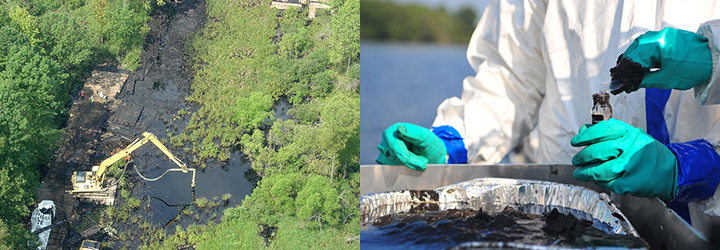 Left, aerial view of heavy equipment digging oil out of a creek surrounded by woods. Right, people in gloves and hazmat suits sampling thick oil from a tin into a vial.
