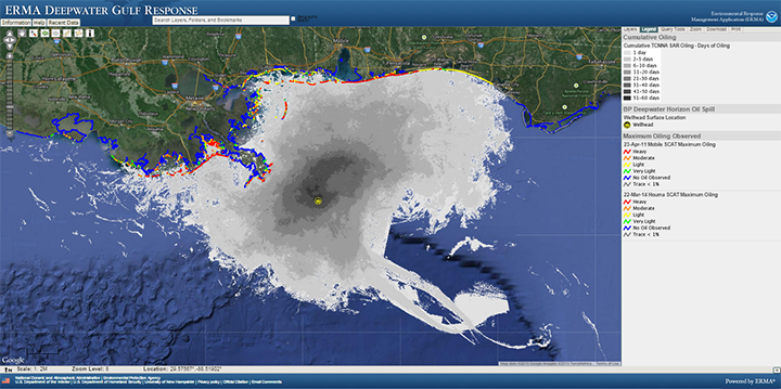 Screen shot of mapping program for Gulf of Mexico with oil spill data.