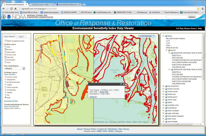 Screenshot of the Environmental Sensitivity Index Data Viewer, showing a section of Mobile, Alabama.