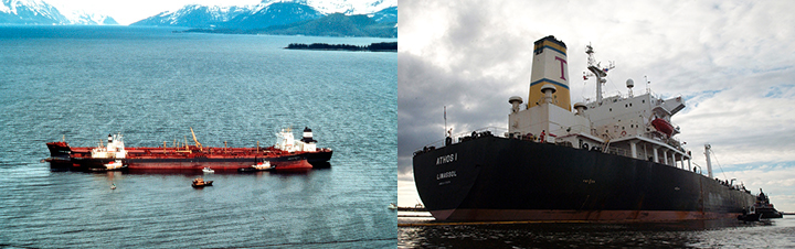 Left, Exxon Valdez ship with response vessels in Prince William Sound. Right, close up of Athos I oil tanker.