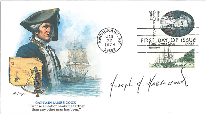 The autograph of Joseph Hazelwood on a commemorative James Cook envelope with a 'First Day of Issue' stamp featuring Captain Cook.