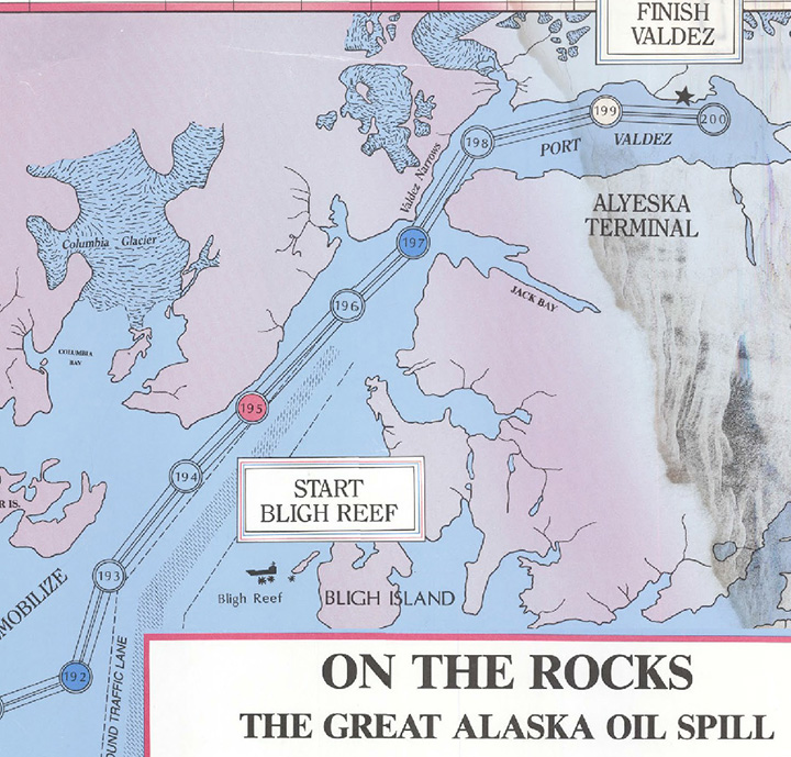 A view of part of the board game On the Rocks: The Great Alaska Oil Spill with a map of Prince William Sound.