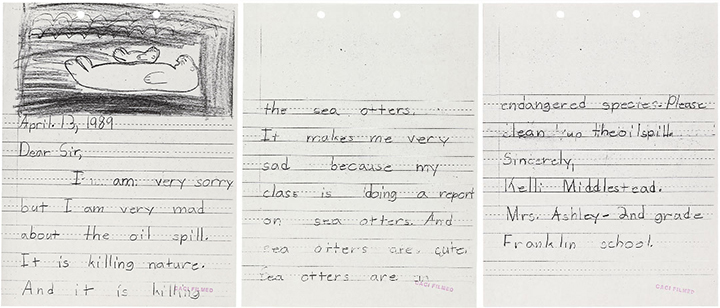 Three pages of a 1989 letter and otter drawing from second grader Kelli Middlestead about the Exxon Valdez oil spill's effects on sea otters.