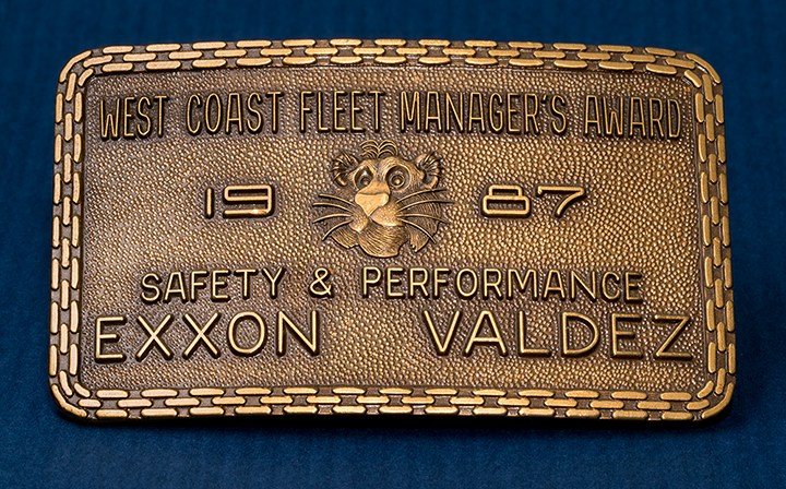 This belt buckle commemorates a safety and performance award from 1987 for the Exxon Valdez.