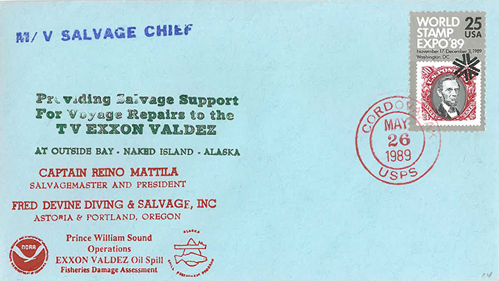 A blue enveloped postmarked Cordova, Alaska in May 1989 with ink stamps from NOAA and salvage ships.
