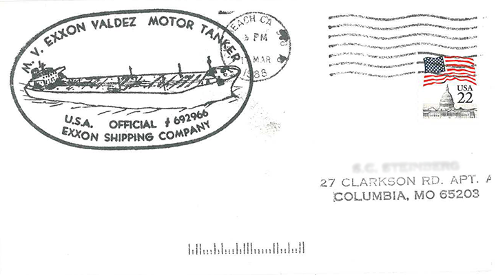 The Exxon Shipping Company official ink stamp featuring the tanker Exxon Valdez on a postmarked envelope.