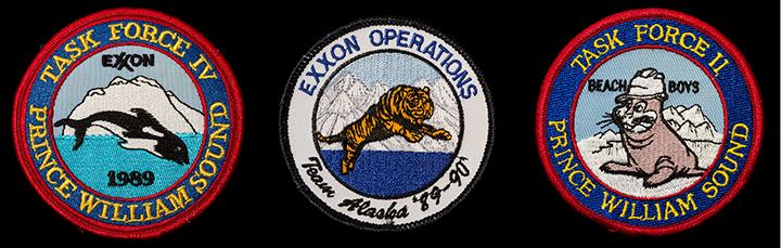 Three patches collected from Exxon commemorating its operations in Alaska and Prince William Sound.