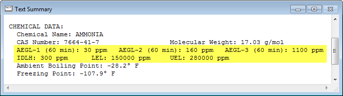 In the Text Summary window, look under the Chemical Data heading for toxic Levels of Concern, such as 60-minute Acute Exposure Guideline Levels (AEGLs).