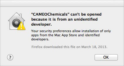 A sample dialog box warning that CAMEO Chemicals cannot be opened, because it is from an unidentified developer.