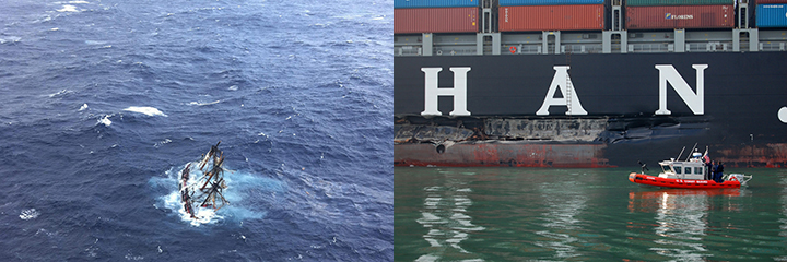 Left, sailing ship sinking. Right, Coast Guard vessel approaches gash in side of large ship.
