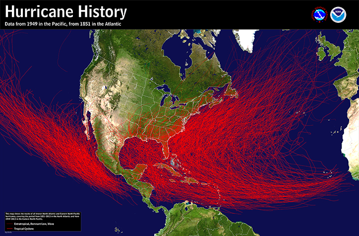 Map of North America with historical tracks of hurricanes in North Atlantic and Northeast Pacific Oceans.