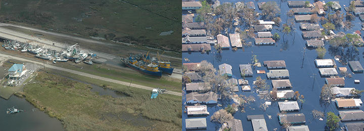 Left: Boats scattered in a marsh and onshore next to damaged buildings. Right: Houses, trees, and powerlines in a New Orleans neighborhood flooded by Hurricane Katrina.