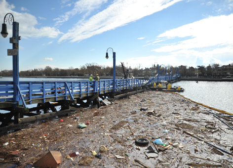 Oily debris field in Sheepshead Bay, N.Y., after Hurricane Sandy