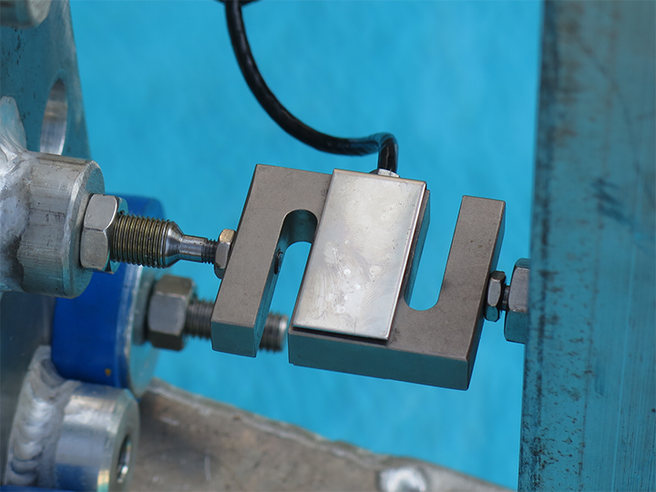An s-shaped metal load cell attached to the clamp holding baleen over a tank.