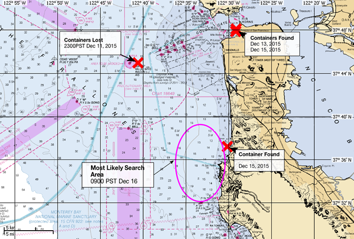 NOAA chart of waters off San Francisco showing where the shipping containers were lost and where three have been found.