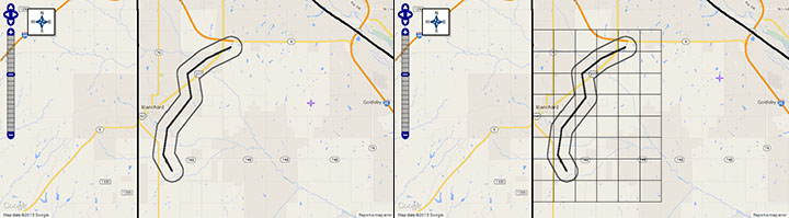 Screenshots of estimated tornado path and affected area (left) with one-square-mile-grids (right) in MARPLOT 5 map.