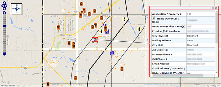 Screenshot showing close-up of grid zones for a hypothetical tornado. The map shows safe rooms, 911 address points, and special populations displayed in MARPLOT 5 mapping software.