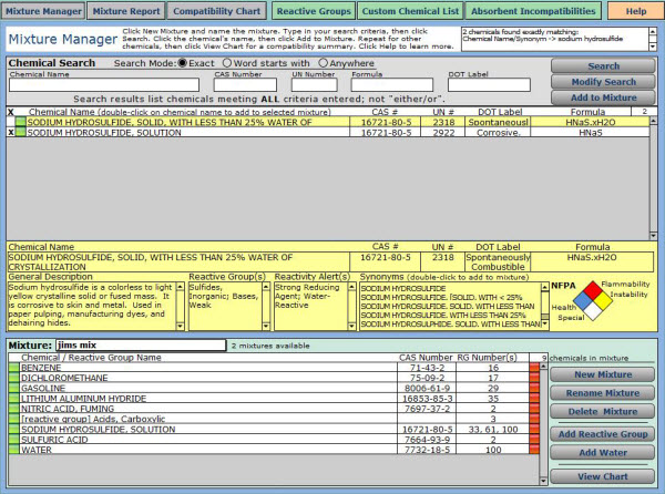 Screenshot of a chemical search in the Mixture Manager screen of the Chemical Reactivity Worksheet.