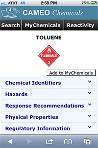Screen shot of CAMEO Chemicals mobile website for the chemical toluene.