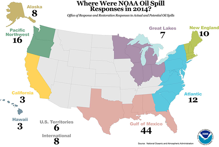 Map of United States with numbers of oil spill responses in various coastal regions.