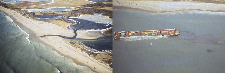 Left, spilled oil flowing from the ocean across a beach into saltwater ponds. Right, Oil leaking out of a barge run aground off of a beach.