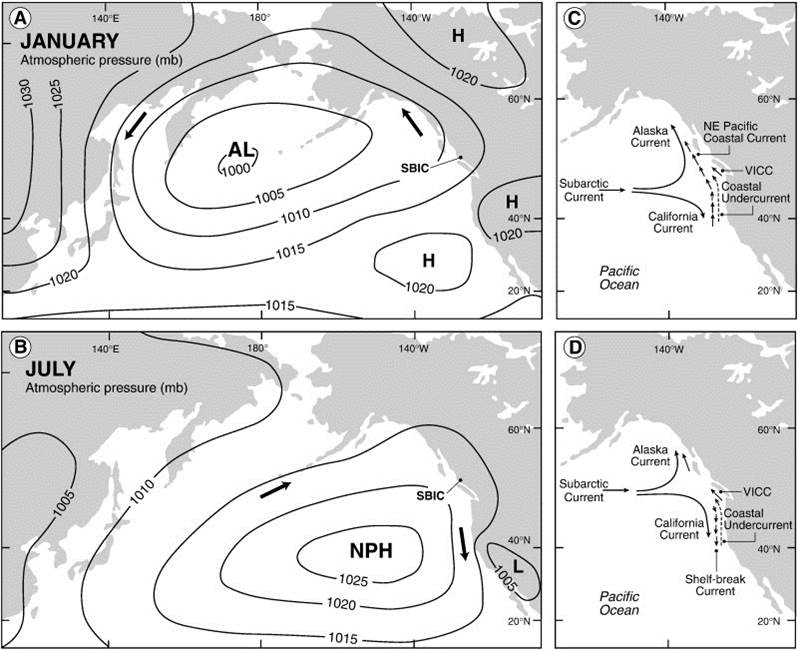 Graphic showing the typical summer and winter locations of pressure systems in the North Pacific Ocean.
