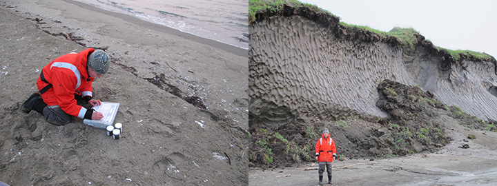 Left: Woman kneeling on beach filling out form next to jars of sediment. Right: Woman standing on beach in front of permafrost on eroding coast.