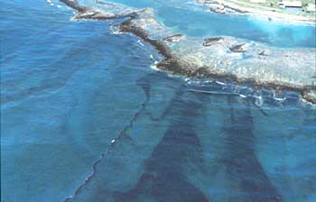 Aerial image of oil slick moving towards coral reef (from 1986 spill at Bahia las Minas refinery in Panama).