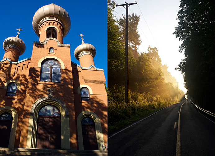 Greek Catholic Church and a road through a Pennsylvania forest.