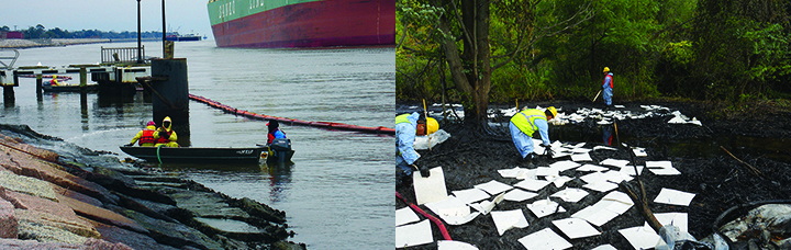 Left: People in boats spray hoses at oiled shoreline. Right: People place absorbent white squares on oil along a forested riverbank.