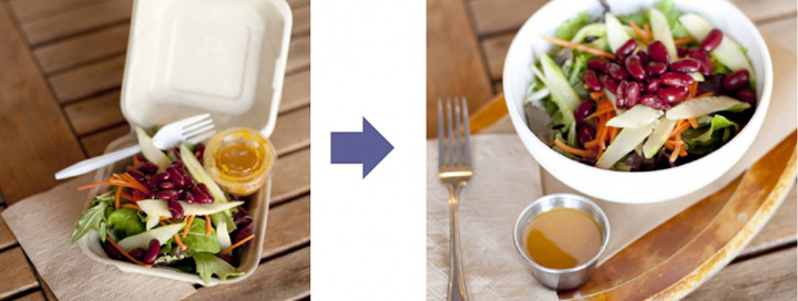Left: Salad in a to-go container with plastic fork and dressing cup. Right: Salad in a ceramic bowl with metal fork and dressing cup.